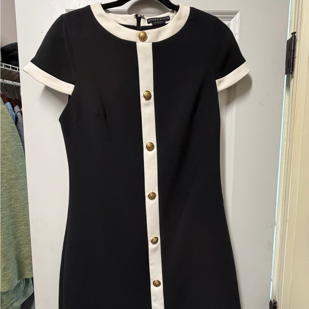 Alice+Olivia Black Mini Dress with White Trim and Gold Buttons